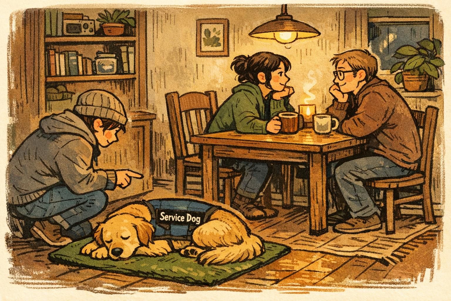 Indoor dining scene where the handler cues a service dog to rest on a mat near a table while two adults chat quietly, demonstrating a settle during gatherings.