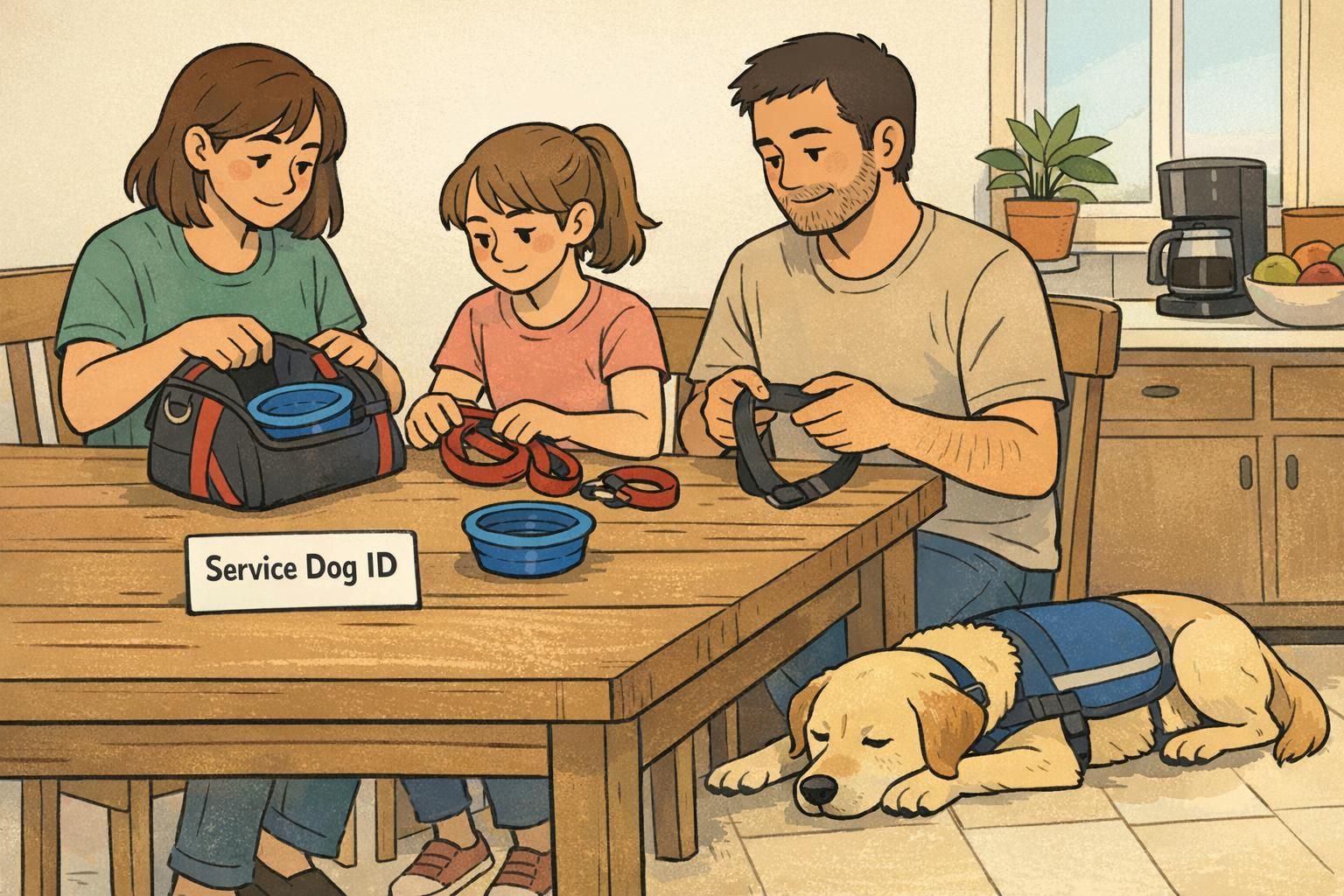 A family at a kitchen table packs a small travel bag with essentials while the service dog lies nearby and an ID card rests on the table for easy access.