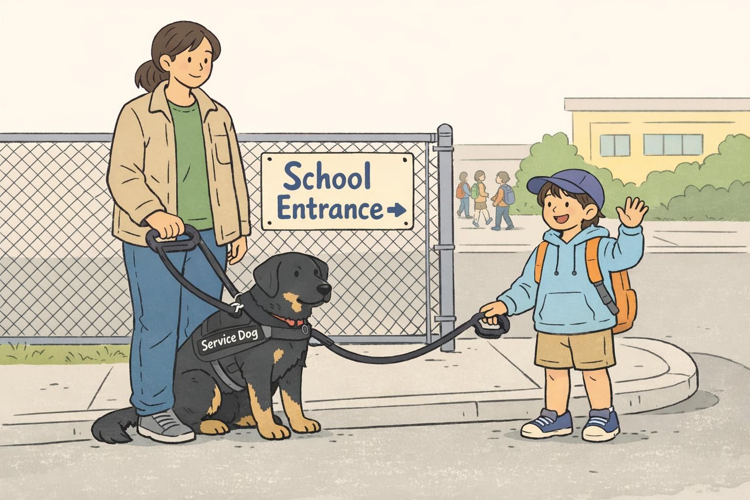 At a school pickup sidewalk, a parent stands with a service dog in a calm heel while a child holds the leash and waves in a quiet moment.