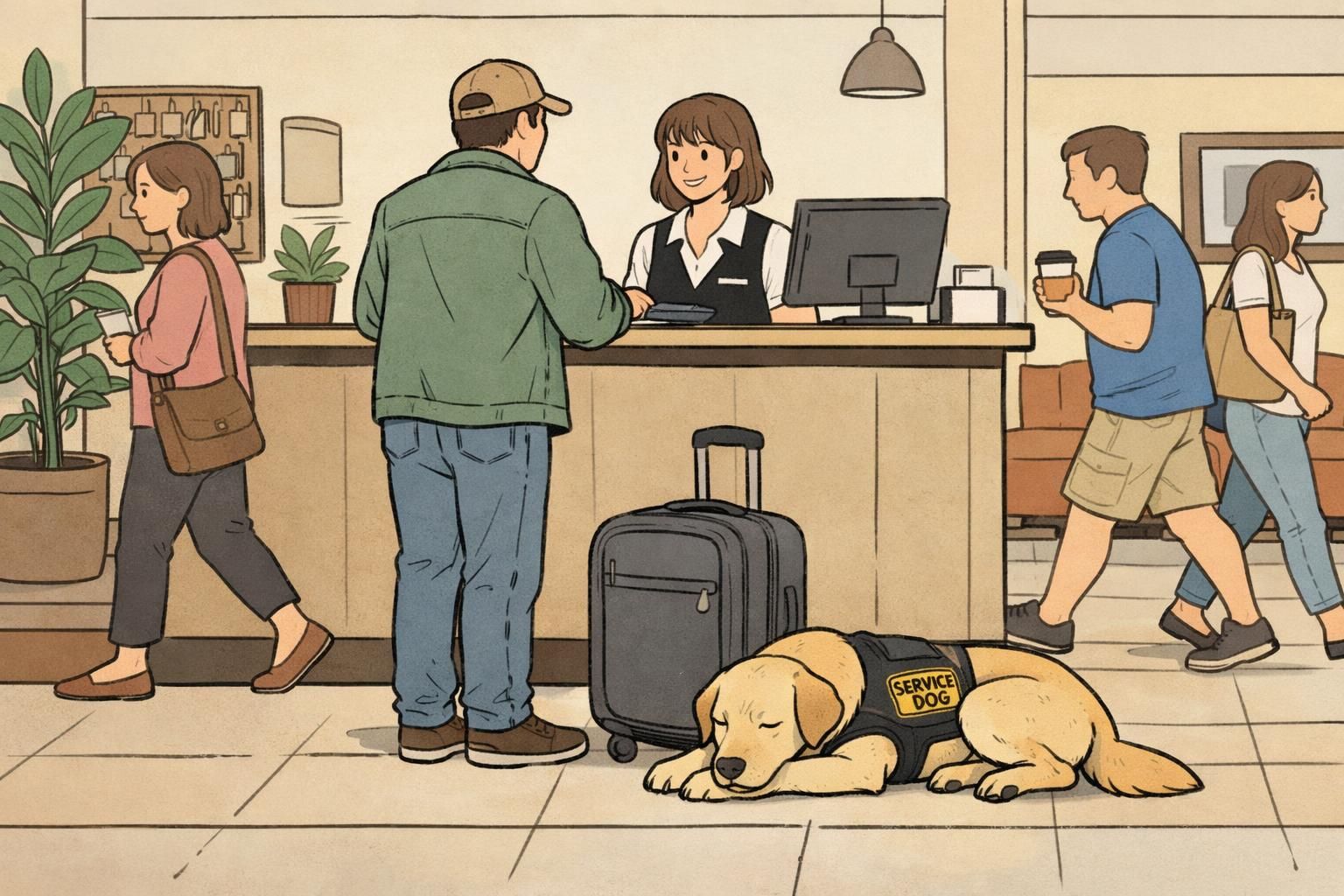 A service dog lying quietly beside a suitcase in a hotel lobby while the handler checks in at the desk.