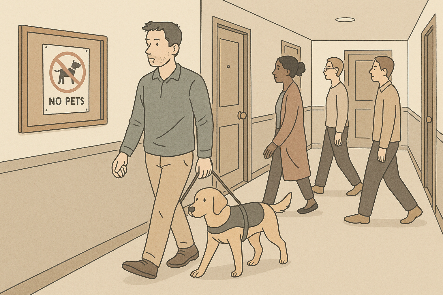 A resident walks a leashed assistance dog past a condo bulletin board displaying a no-pets sign, highlighting breed ban tensions in common areas.