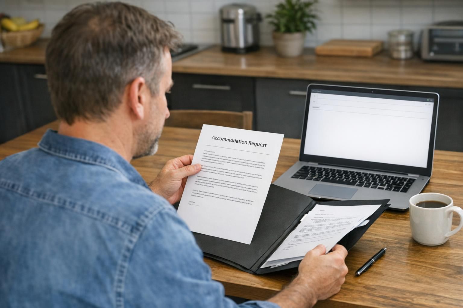 A renter at a kitchen table reviewing a one-page accommodation request with a folder of documents and an open laptop, illustrating preparing housing paperwork for an assistance animal.