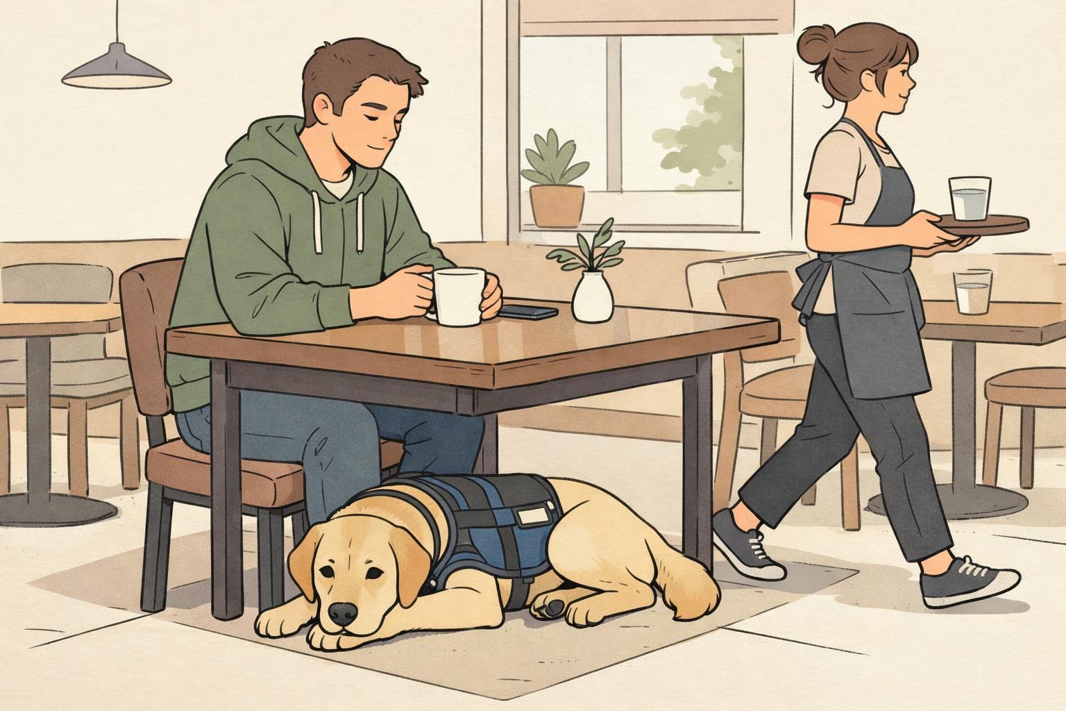 A service dog rests tucked under a cafe table in a relaxed down-stay while the handler sits and a server passes by calmly.
