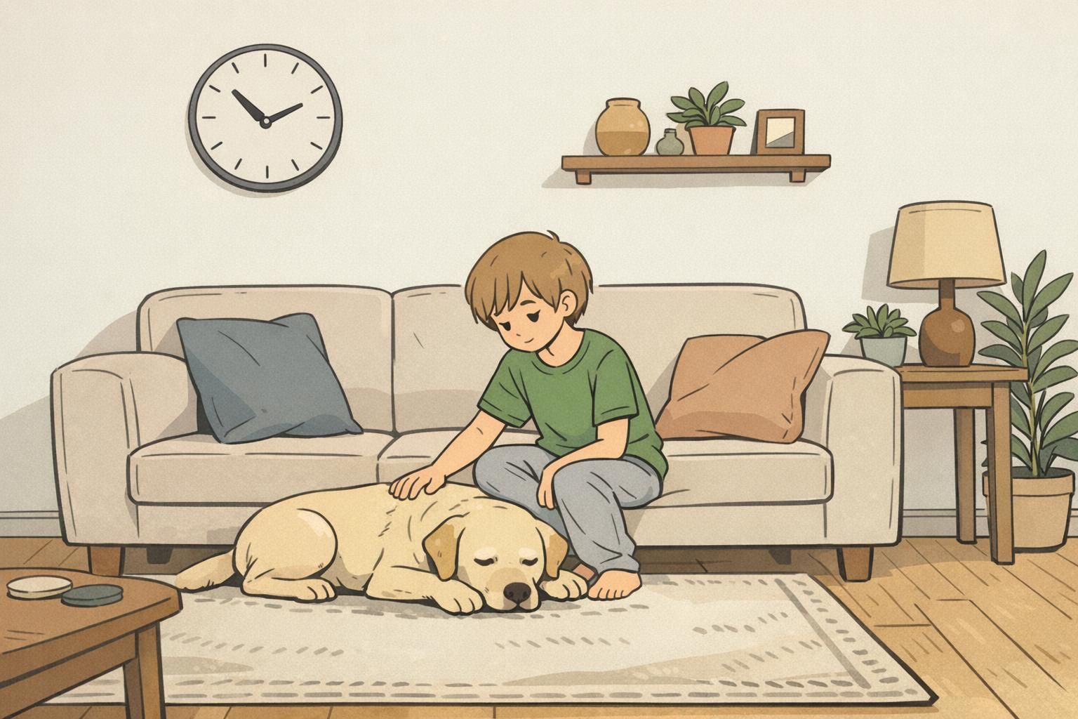 A child sits on a sofa gently petting a calm Labrador resting at their feet in a quiet living room, illustrating a soothing home-based support moment.