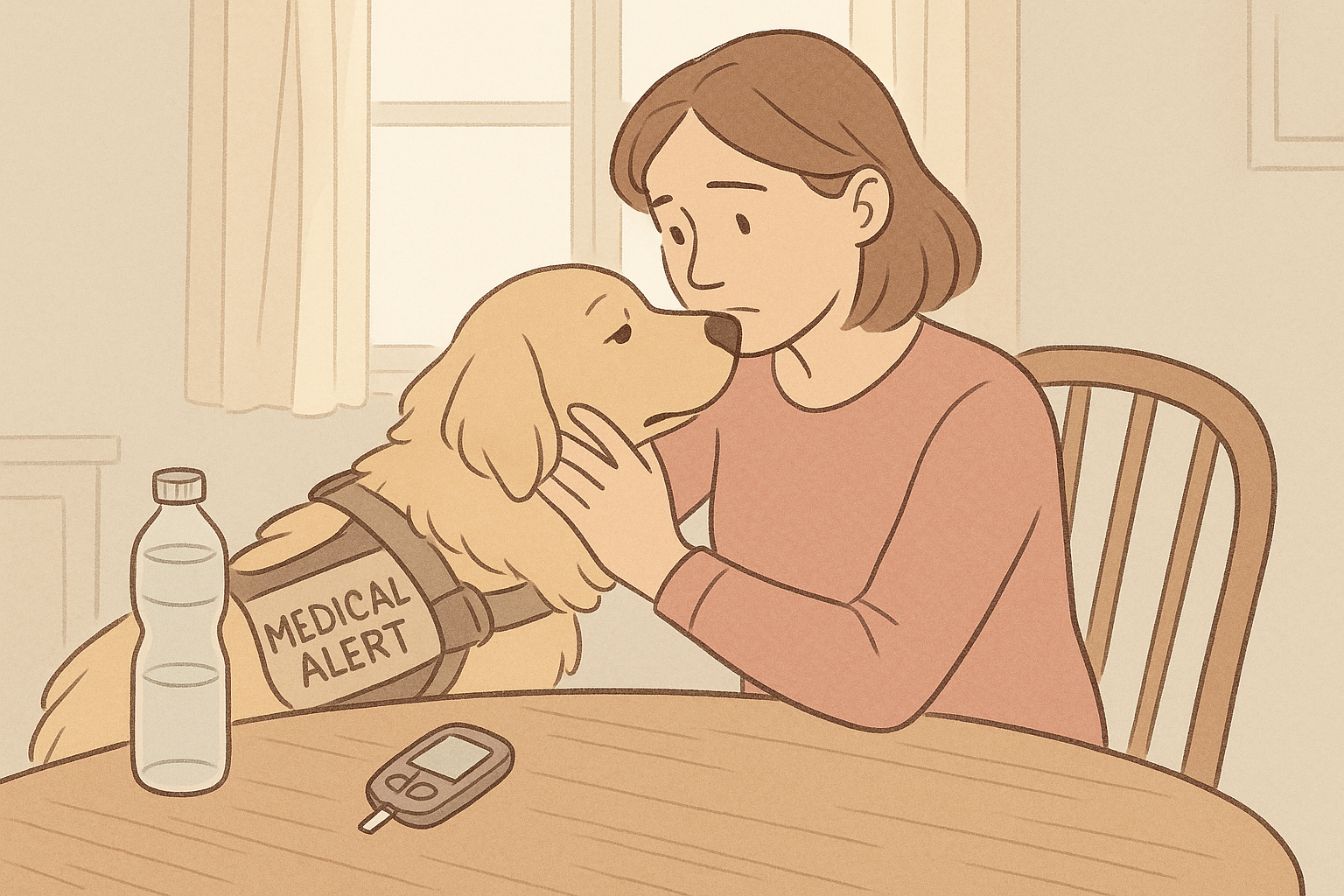 A medical alert dog nudges a seated adult at a dining table while a glucose meter and water bottle sit nearby, signaling an early alert moment.