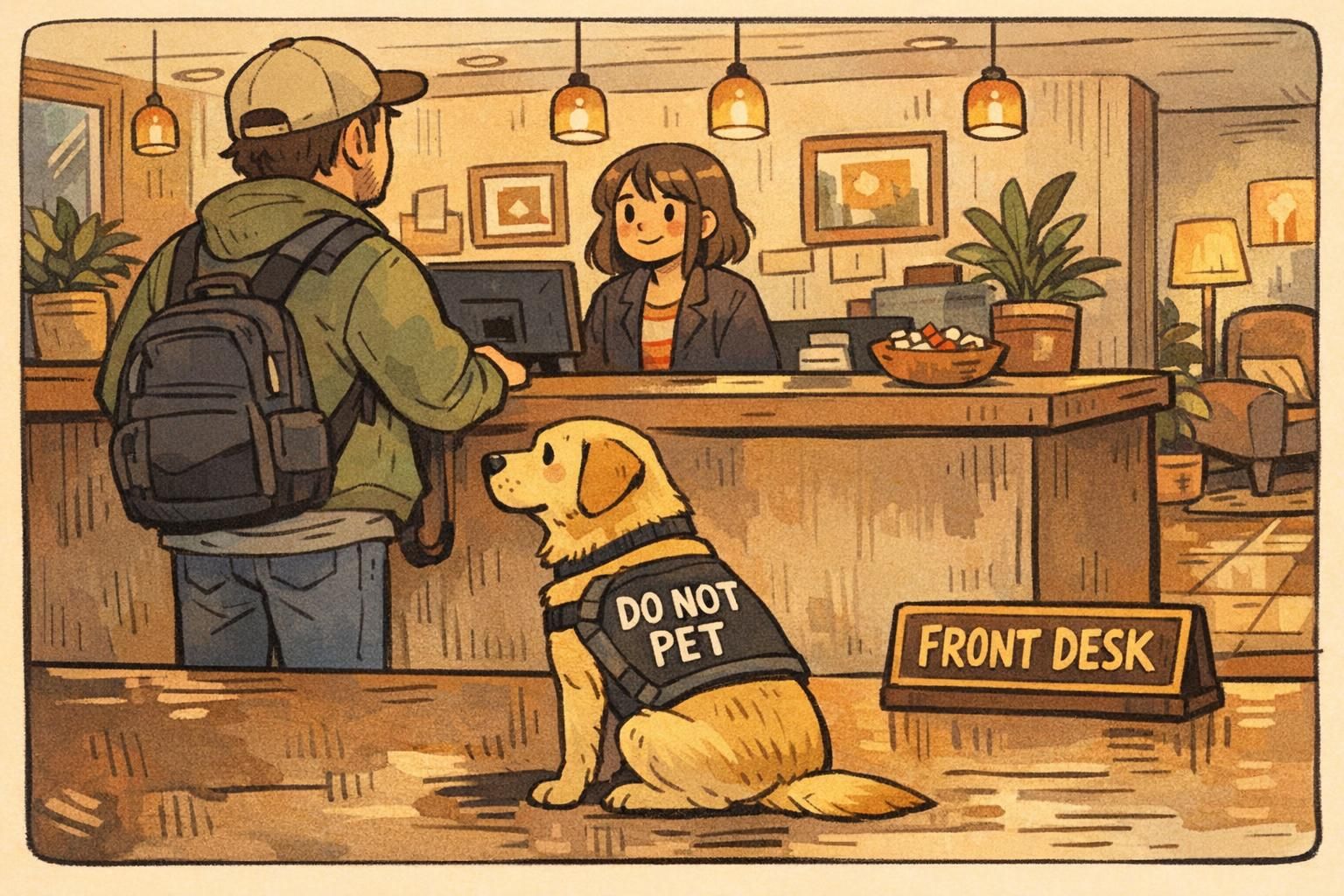 A service dog sits politely beside its handler at a hotel front desk while staff check in the guest.