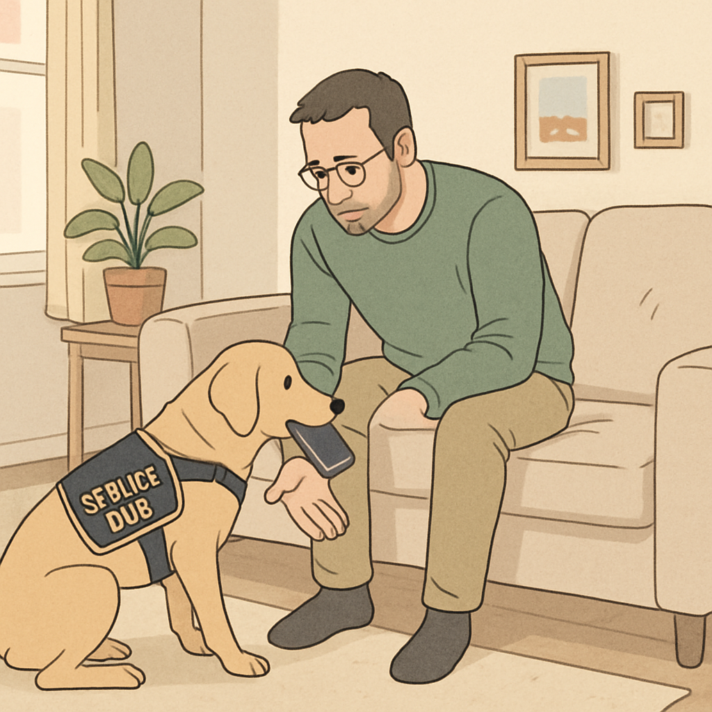 A service dog gently picks up a dropped phone and places it into an adult handler’s hand inside a tidy living room, illustrating everyday retrieval assistance.