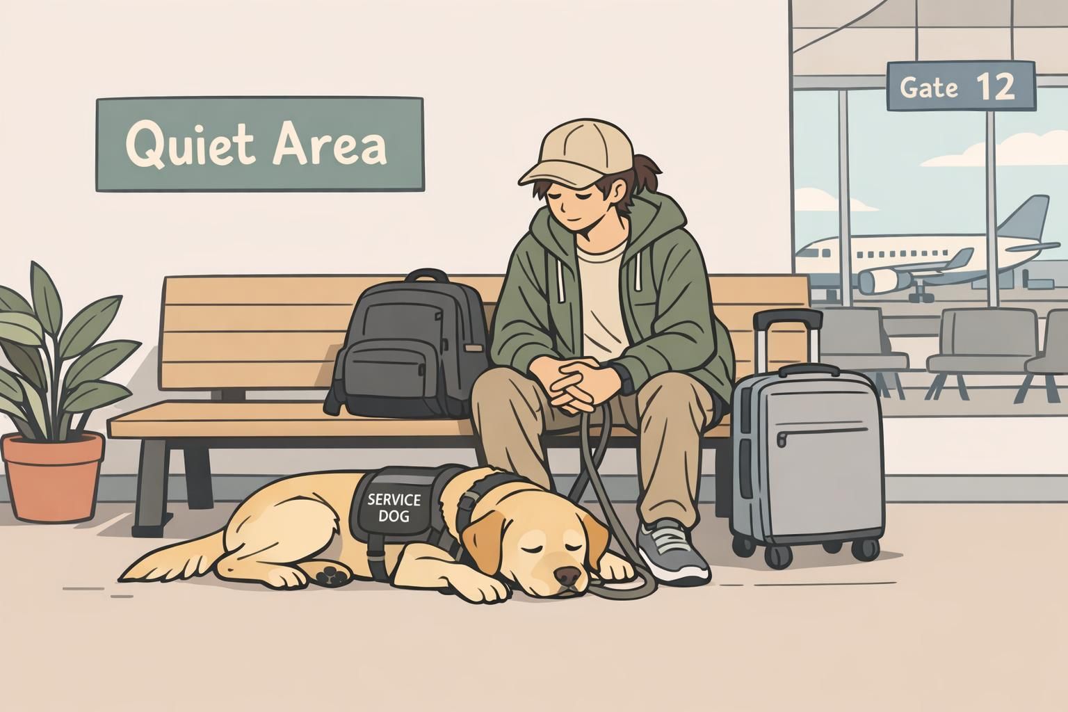 A service dog rests at the handler's feet on a bench in a quiet transit terminal 'Quiet Area', illustrating scheduled rest during travel.