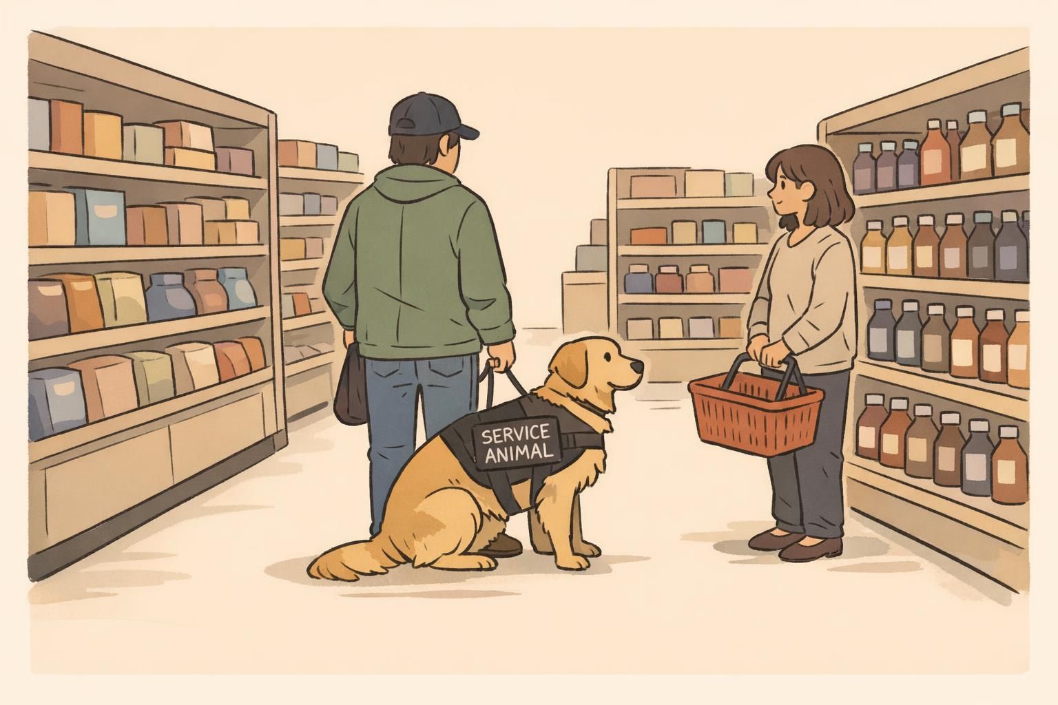 A handler and service dog pass quietly through a grocery aisle while a shopper pauses at a respectful distance after noticing the dog’s identification vest.