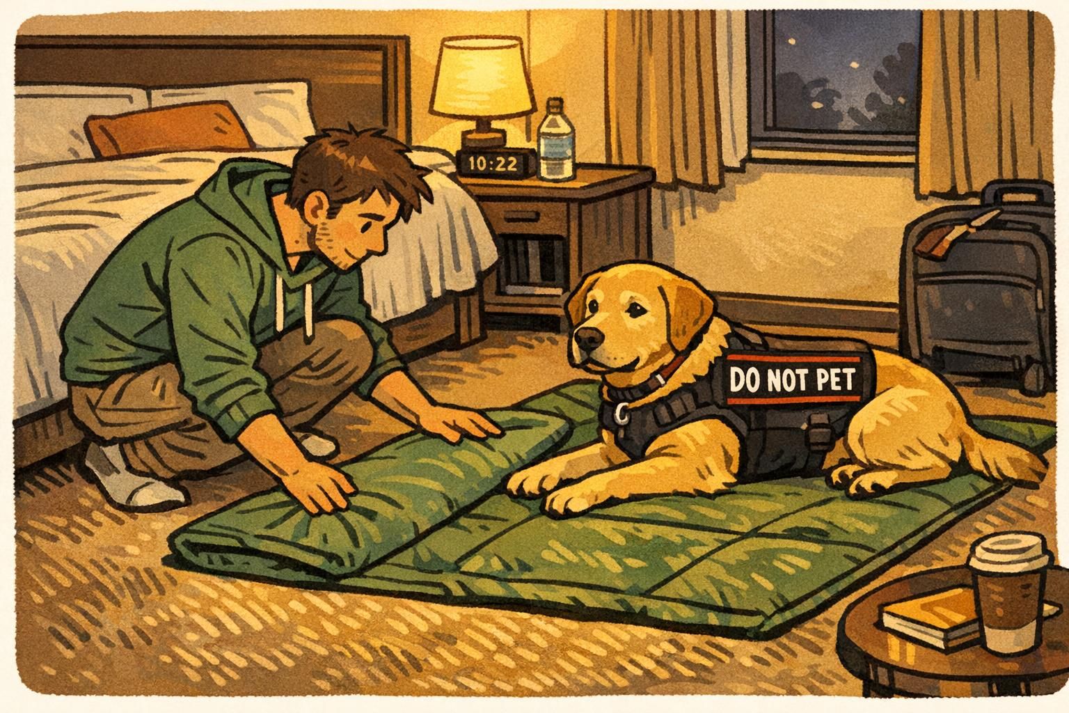 Quiet hotel room scene with a service dog lying on a travel mat while the handler places a mat and supplies nearby to establish a resting spot.