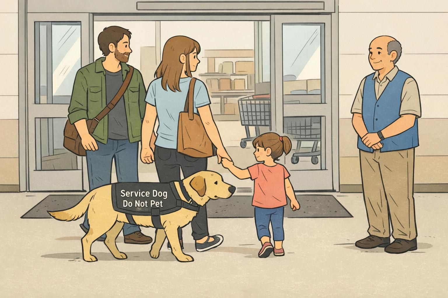 A family enters a grocery store with a service dog heeling calmly beside the handler while a store greeter stands at a respectful distance.