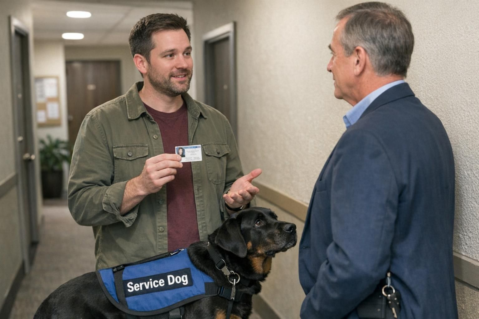 A calm hallway conversation between a renter and a building manager where the renter presents an ID card and a service dog in a vest waits beside them.