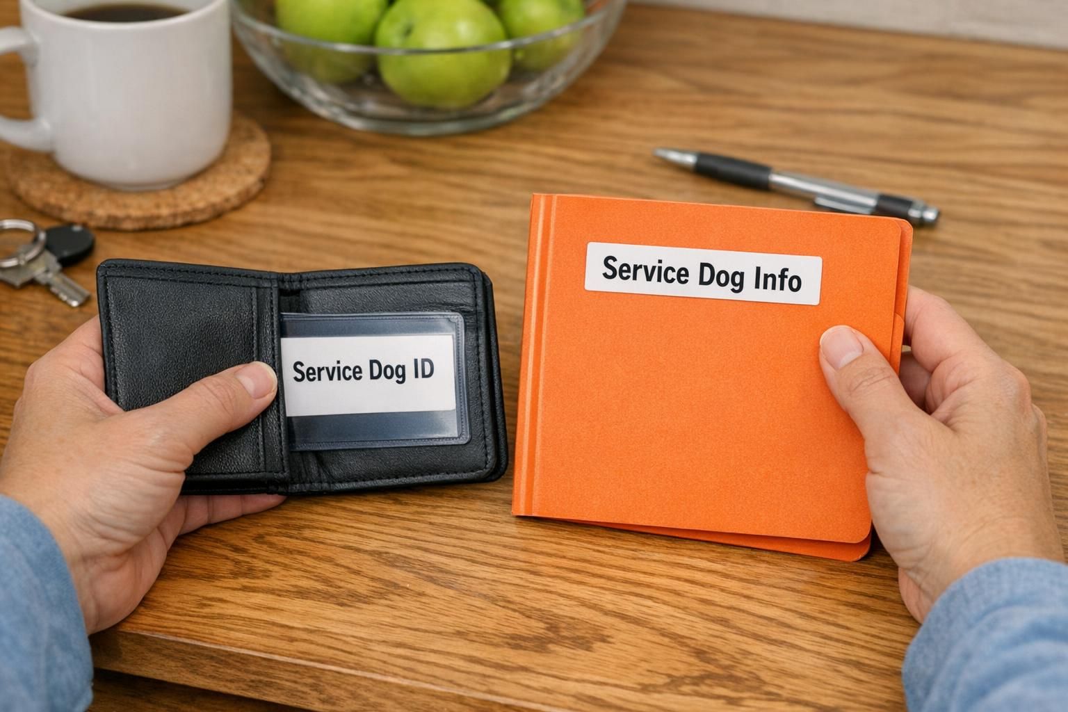 A kitchen table with a parent organizing a small folder and a wallet that includes a visible service-dog identification card, suggesting prepared documentation.