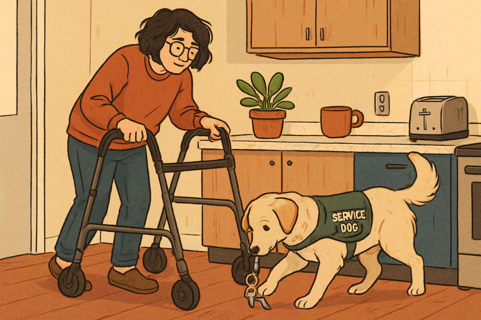 Service dog retrieves a dropped item for a person using a mobility aid near a kitchen counter, demonstrating hands-free assistance and reduced bending.