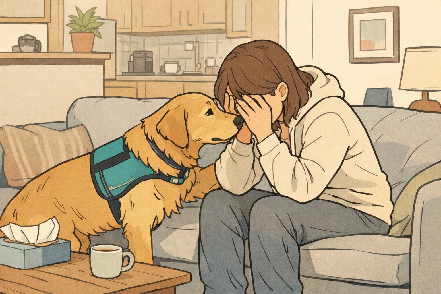 A handler practicing a trained task at home while a dog retrieves a medication pouch, demonstrating a disability-related behavior in a calm indoor setting.