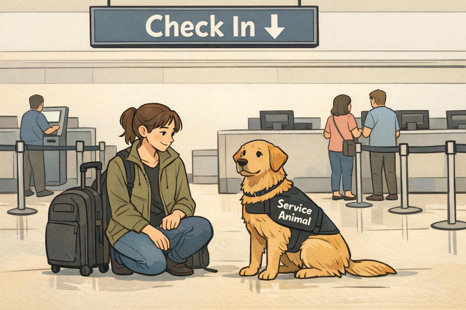 Handler and service dog sitting calmly at an airport check-in area, using clear identification materials to streamline multiple staff interactions during travel.