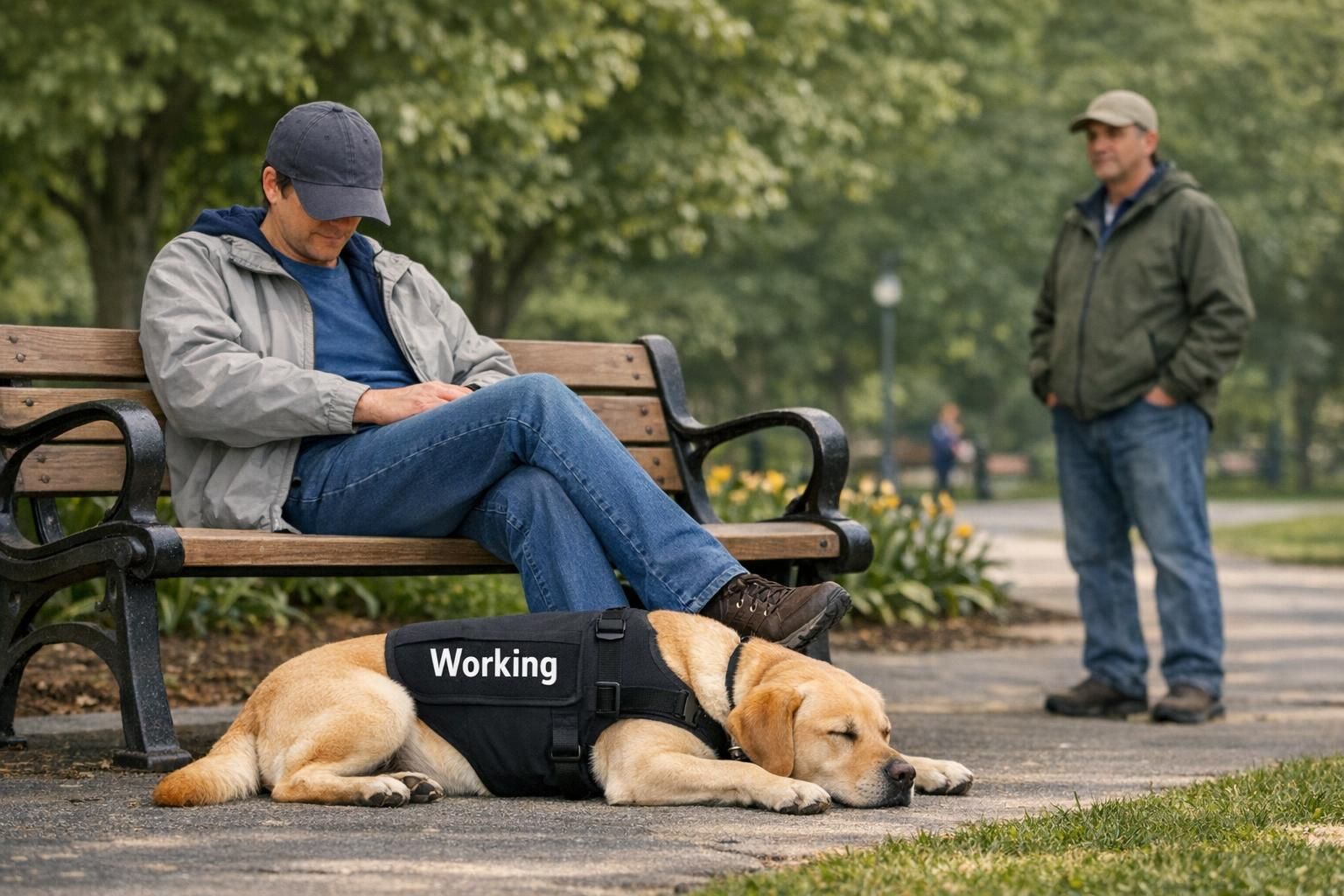 A service dog lies calmly at its handler's feet on a park bench while a nearby stranger observes from a respectful distance.