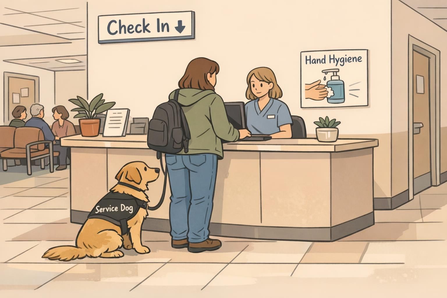 A service dog sitting calmly at heel while its handler checks in at a hospital reception, highlighting navigation of medical spaces and considerate positioning around staff and equipment.