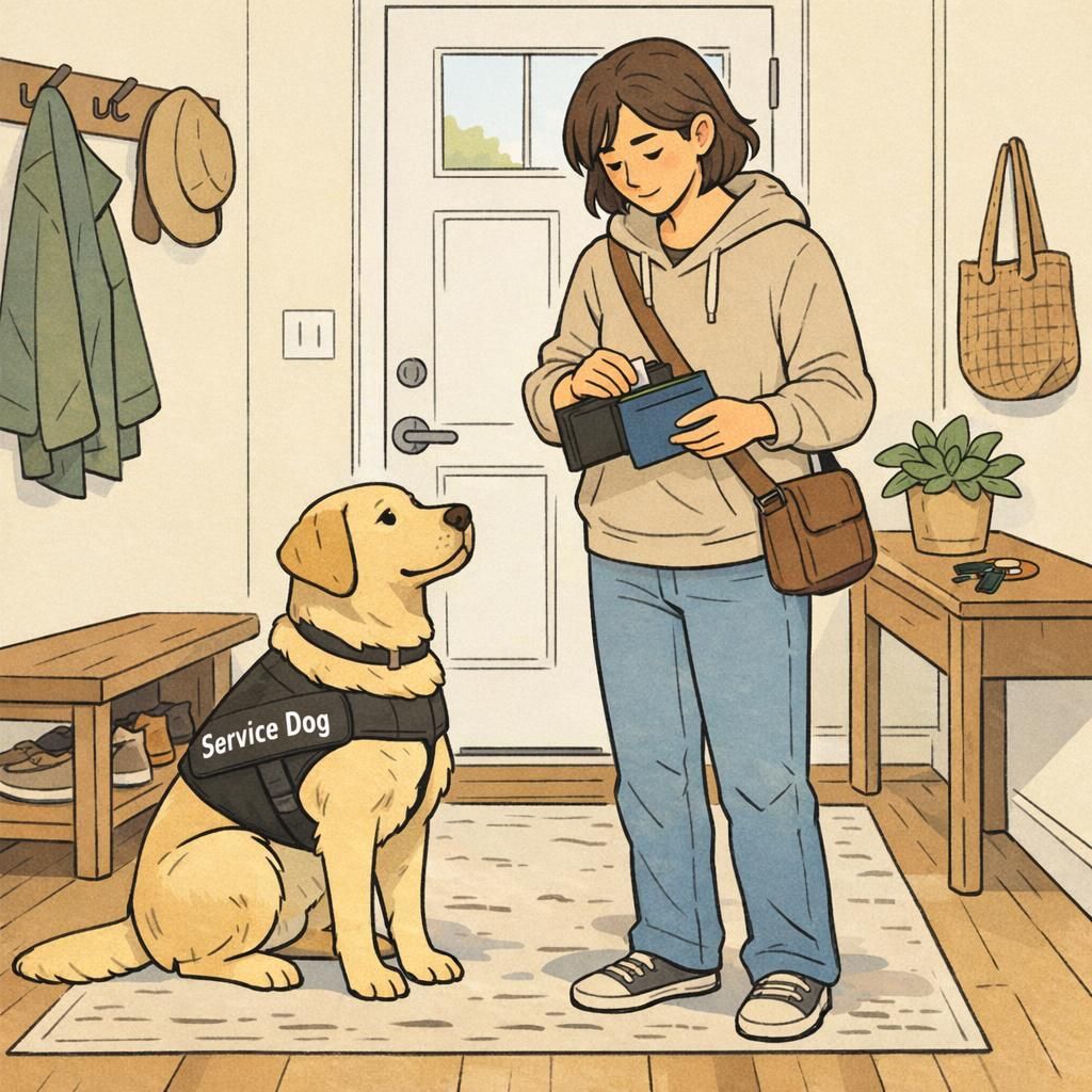 A handler organizes a wallet and documents in a bright entryway while a well-groomed service dog sits calmly beside them wearing a plain vest labeled 'Service Dog'.