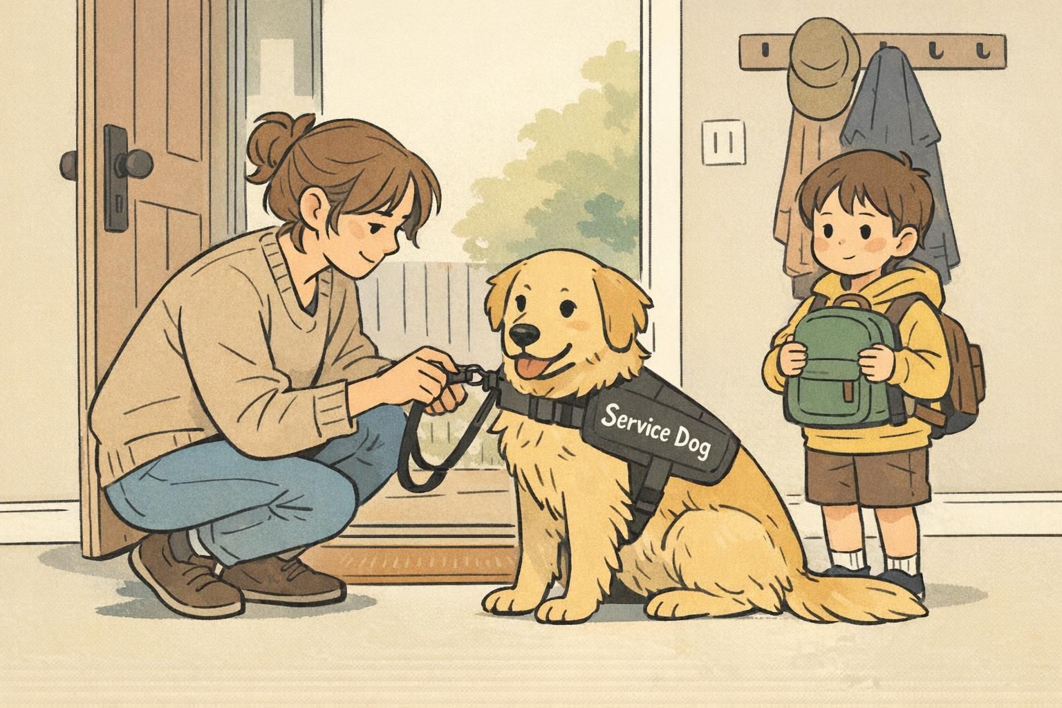 A parent attaches a leash to a sensory support dog at the front door as a child holds a small backpack, showing a practical outing routine with the dog wearing a service vest.