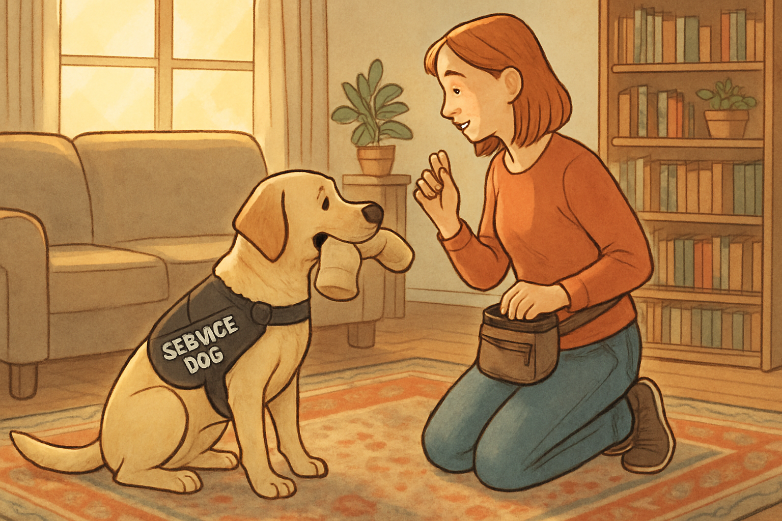 An afternoon micro-training session at home: handler uses a treat pouch while the service dog practices a targeted retrieve with a soft object.