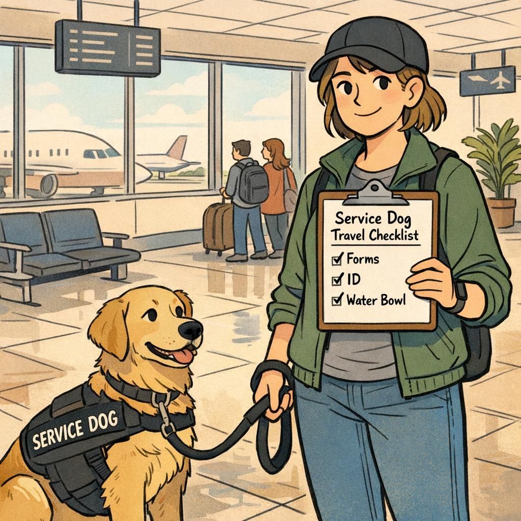 A traveler holds travel paperwork while a calm service dog wearing a clearly labeled vest waits beside them in an empty airport terminal.