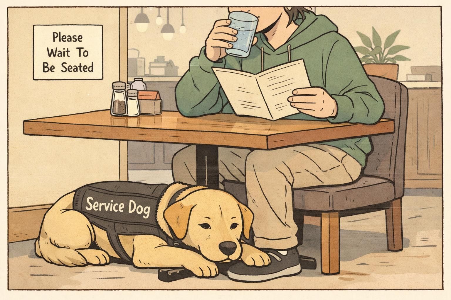 A service dog lies tucked under a cafe table at the handler’s feet, quietly settled during a break, demonstrating calm settling and public-access manners.