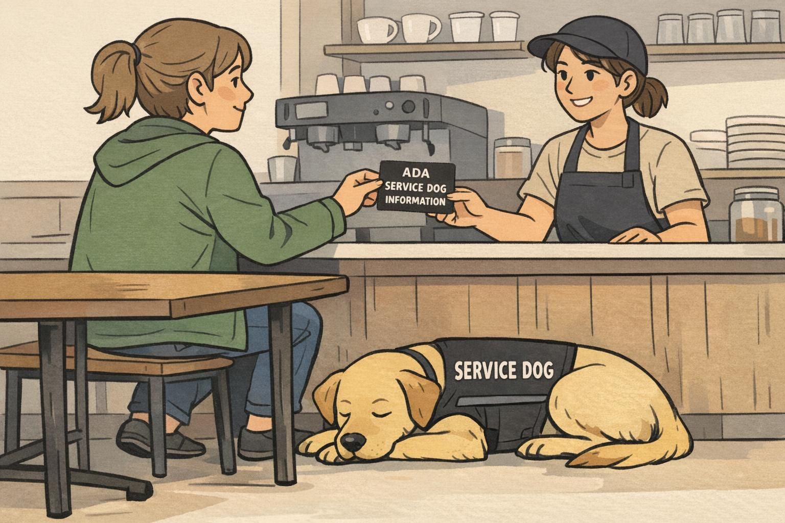 At a café counter, the handler gives a brief informational card to a staff member while the service dog lies quietly under a nearby table.