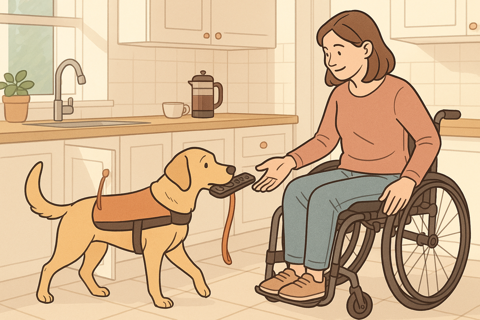 A mobility assistance dog retrieves a dropped remote for a person in a wheelchair in a bright kitchen, with a tug strap visible on a cabinet.