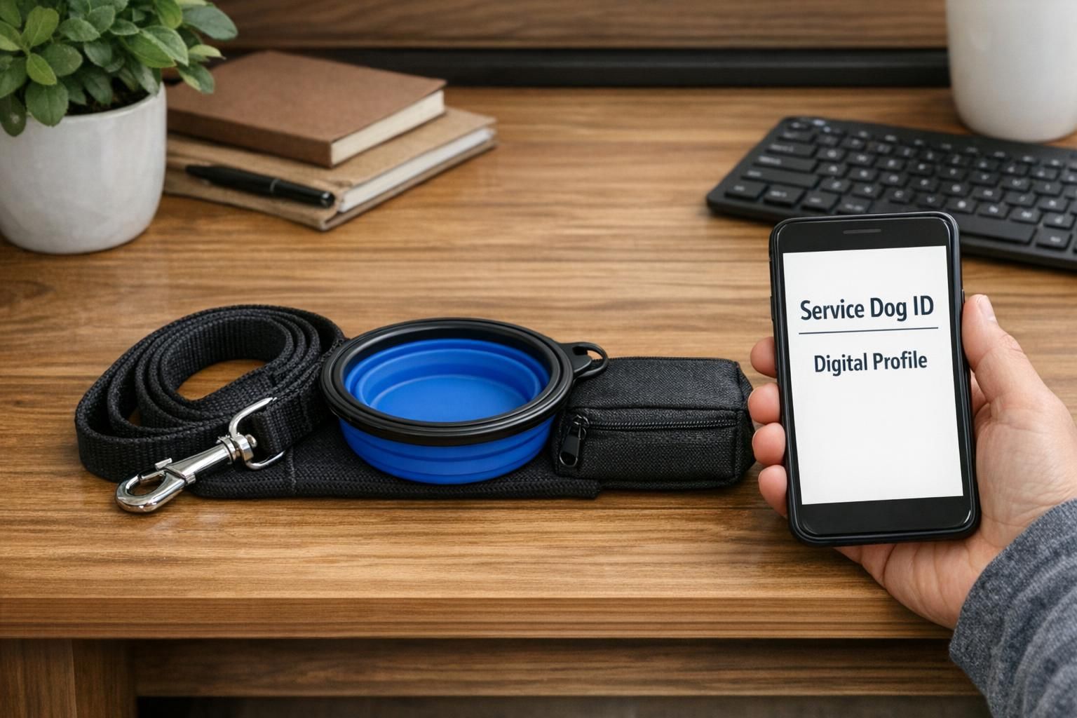 A handler organizes travel items at a home desk—leash, collapsible bowl, pouch—and a phone displays a service dog ID digital profile.