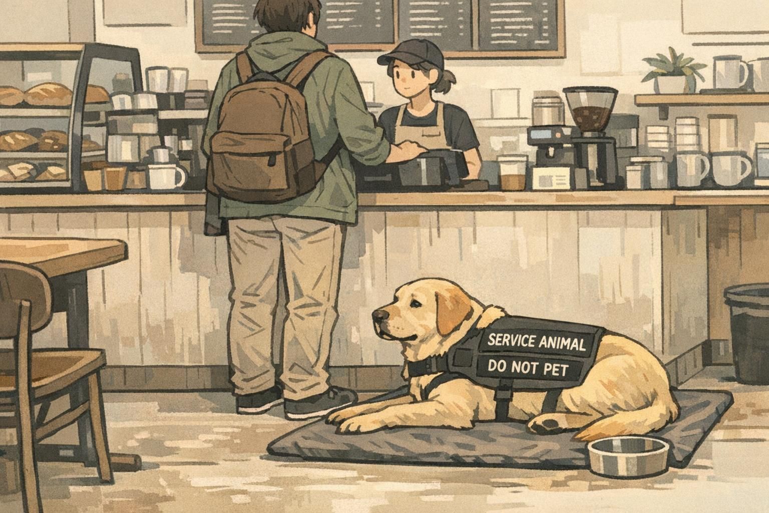 Inside a small coffee shop, a service dog settles on a mat next to its handler at the counter, demonstrating focused behavior and public access etiquette.