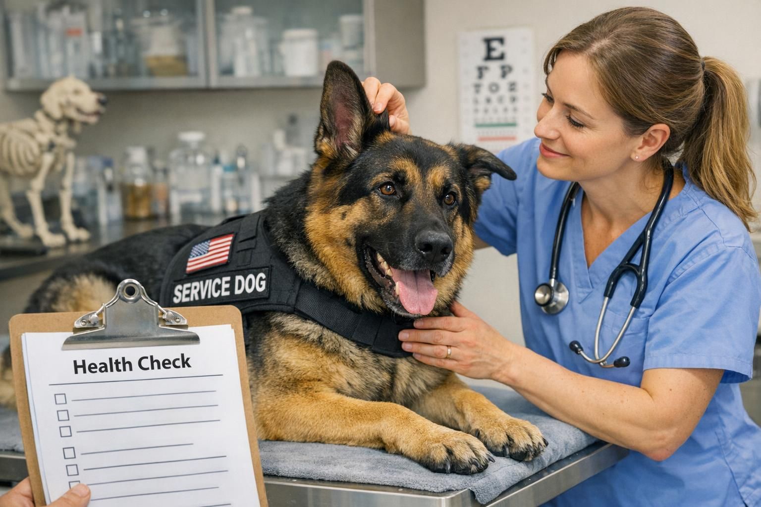 Veterinarian gently examining an adult service dog on an exam table while the handler observes and the vet notes findings on a clipboard.