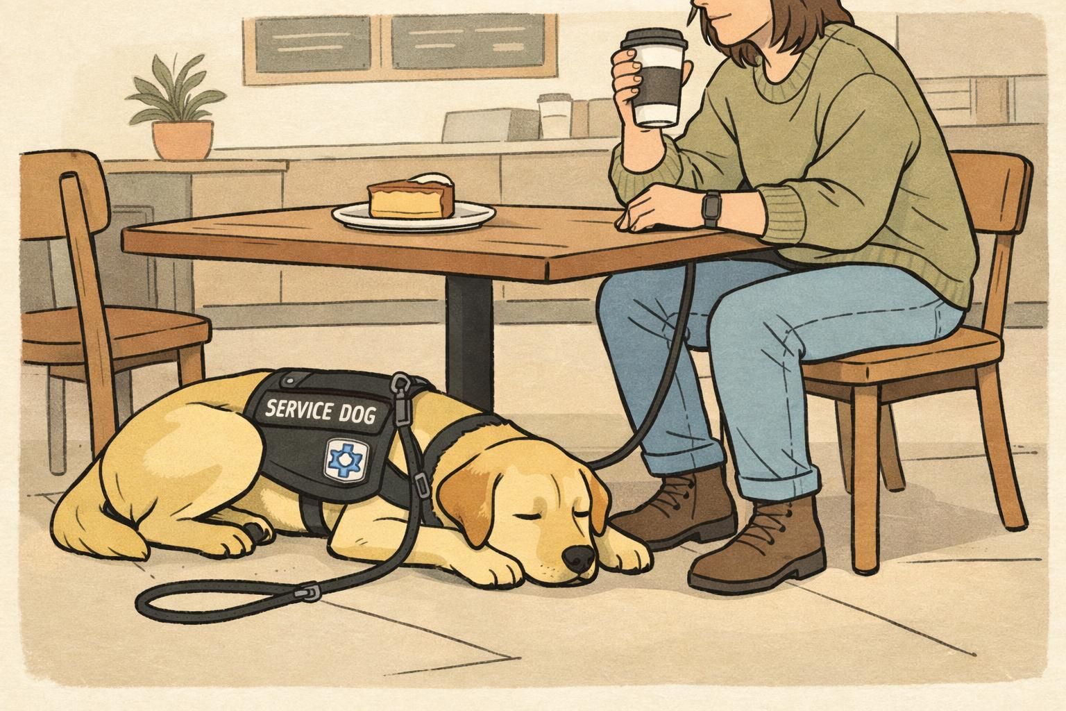 A service dog resting quietly under a café table on a loose leash while the handler sits nearby with a drink.