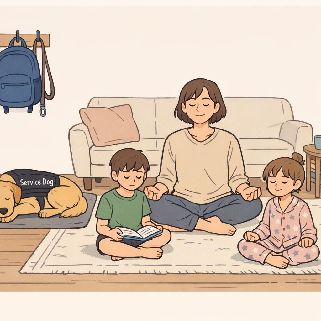 A calm morning in a family living room with a service dog resting on a mat beside a backpack and leash while a parent and two children move through quiet routine.