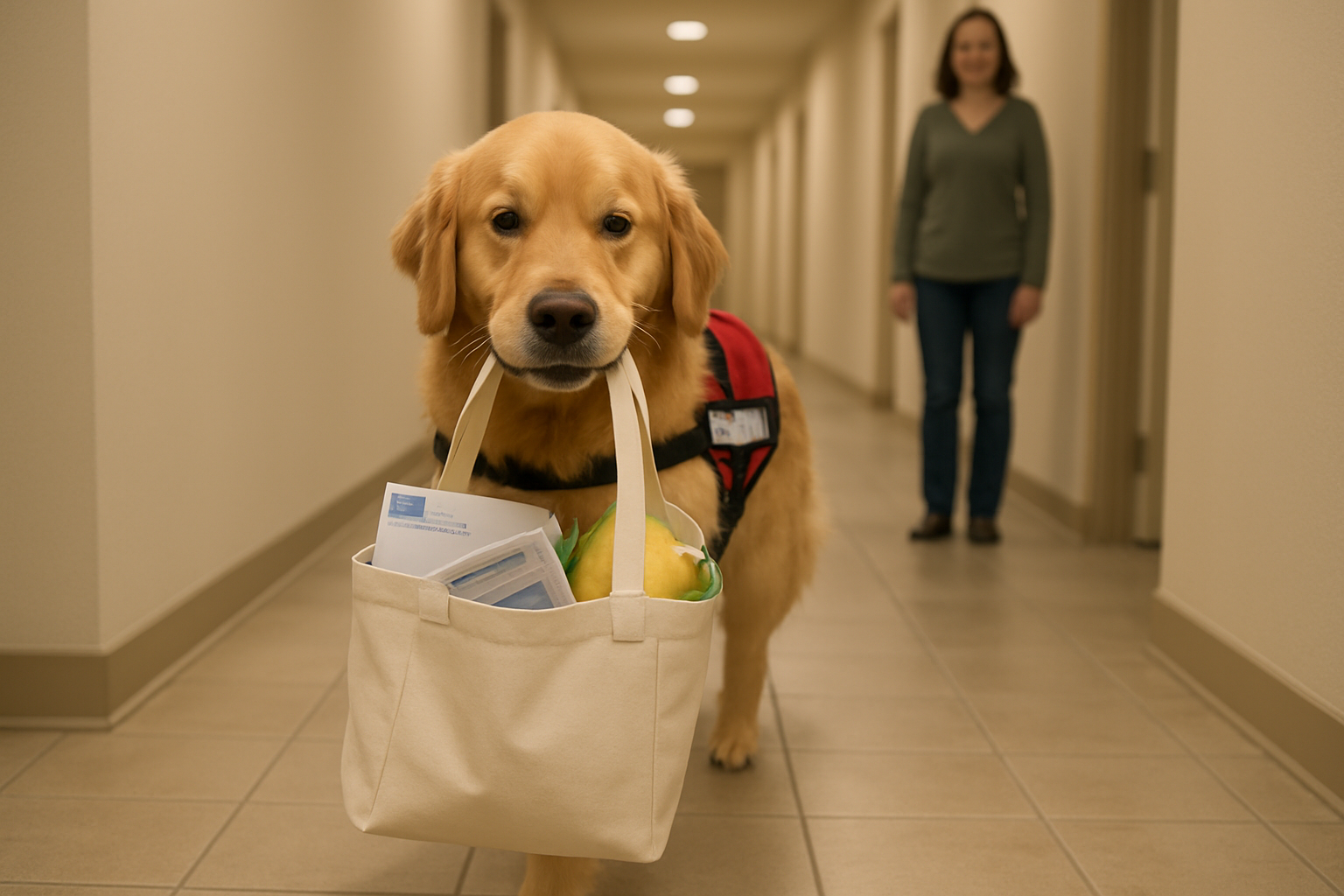 A service dog carries a small handled tote with mail and lightweight groceries down a quiet hallway toward the handler, showing a practical carrying task.