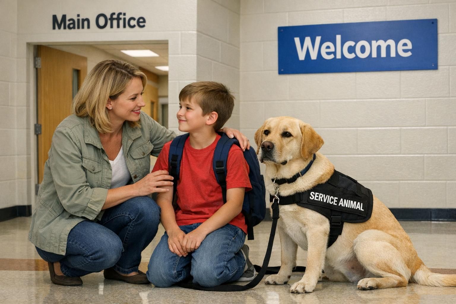 A parent, child, and a calm service dog seated in a school hallway near the office, illustrating a predictable drop-off routine and school transition planning.