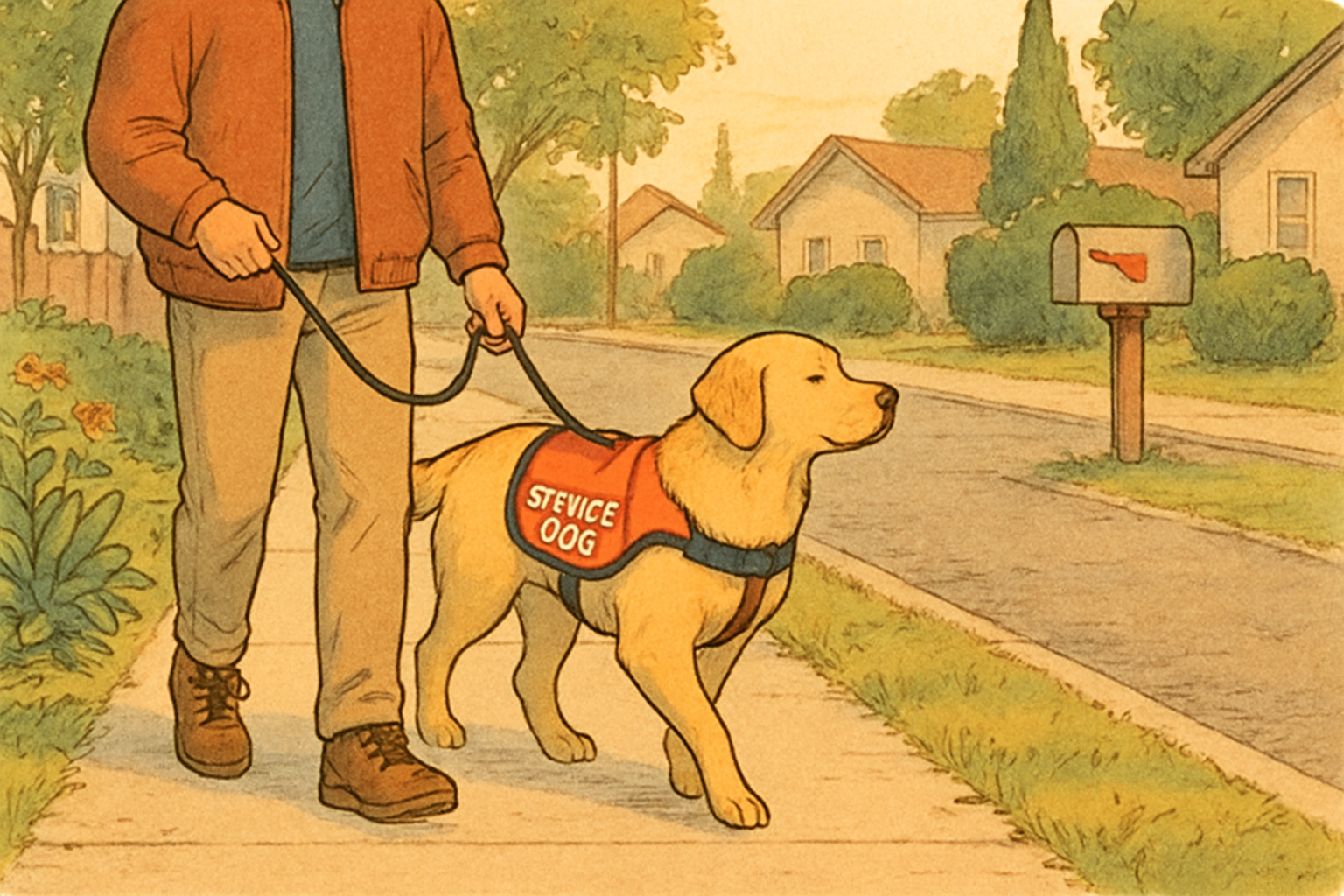 A service dog heels closely beside its handler on a quiet neighborhood sidewalk during a calm morning walk.