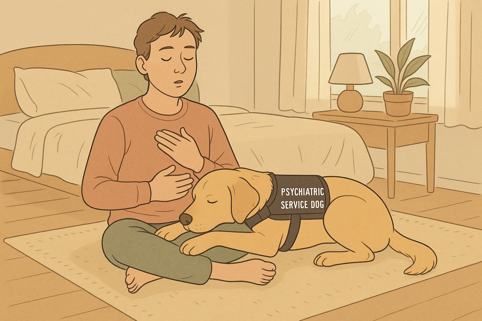A psychiatric service dog applies steady pressure across a handler’s lap on a bedroom rug as the person practices breathing and grounding.
