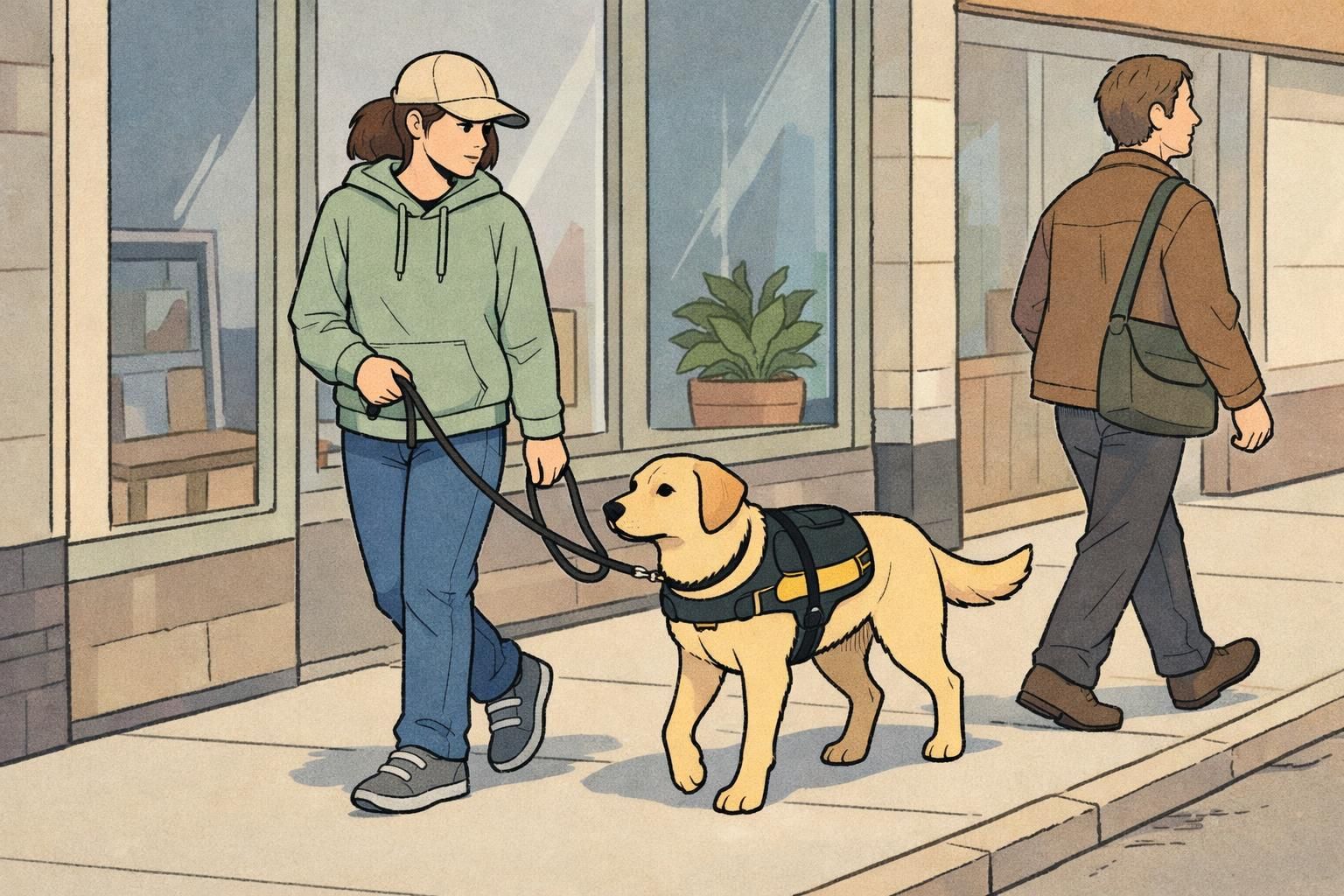 Handler practices loose-leash walking on a quiet sidewalk while the service dog walks calmly at their side, ignoring a nearby passerby.