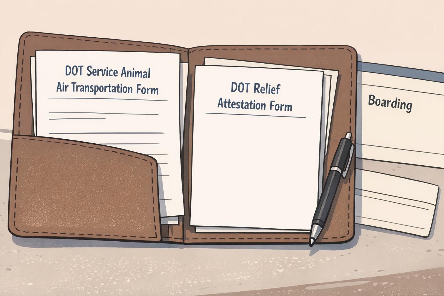 A close-up travel folder with airline forms and a printed boarding pass, ready for airport check-in and DOT form presentation.