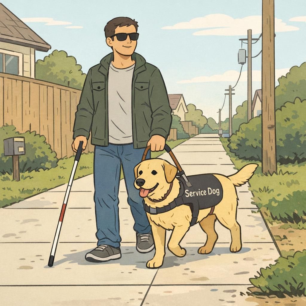 A blind adult walks confidently along a quiet neighborhood sidewalk while a guide dog in a clear 'Service Dog' vest guides them with steady focus.