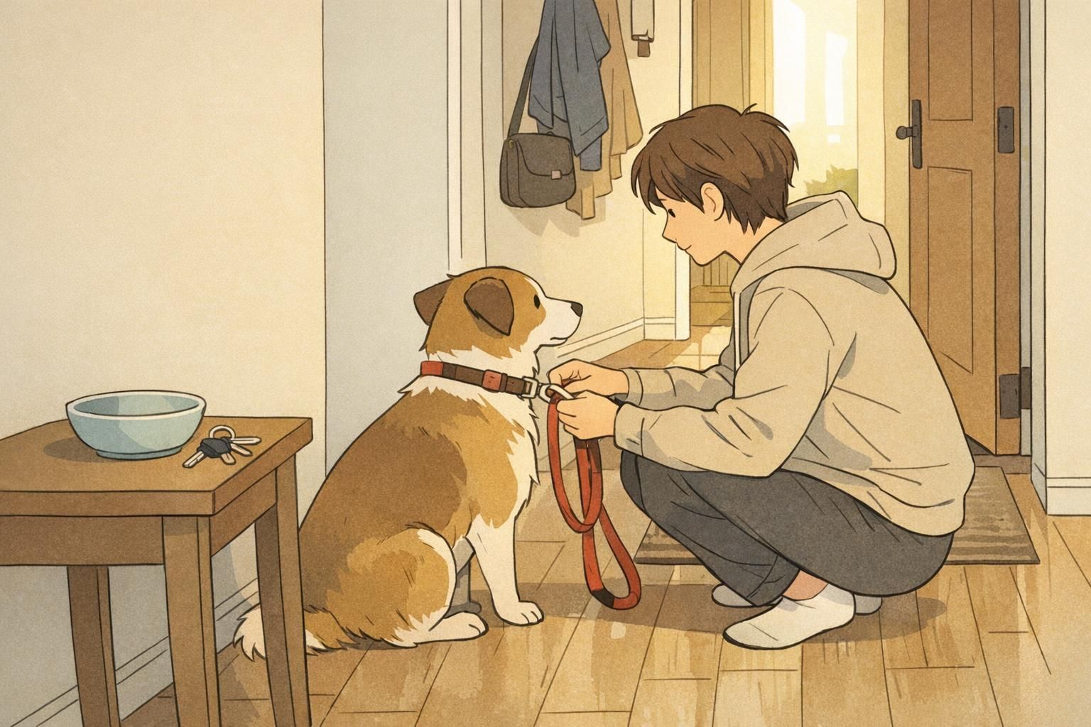 A morning routine by the front door with sunlight in the hallway as a person clips a leash onto their dog, representing grounding, structure, and daily care.
