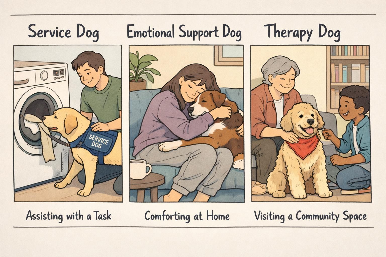 Three illustrated dogs labeled by role—service dog performing a task, emotional support dog in a home setting, and a therapy dog visiting a community space—showing role distinctions.