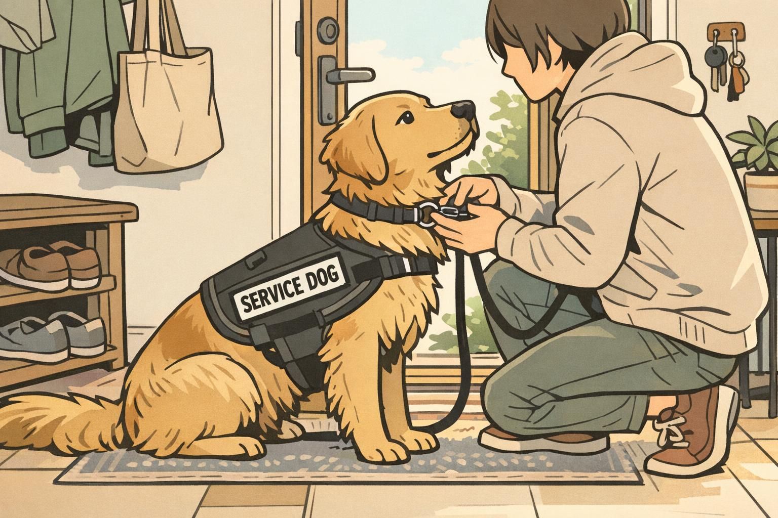 A handler clips a leash to a service dog wearing a vest labeled 'Service Dog' at a home's front door, marking the clear start of an on-duty routine.