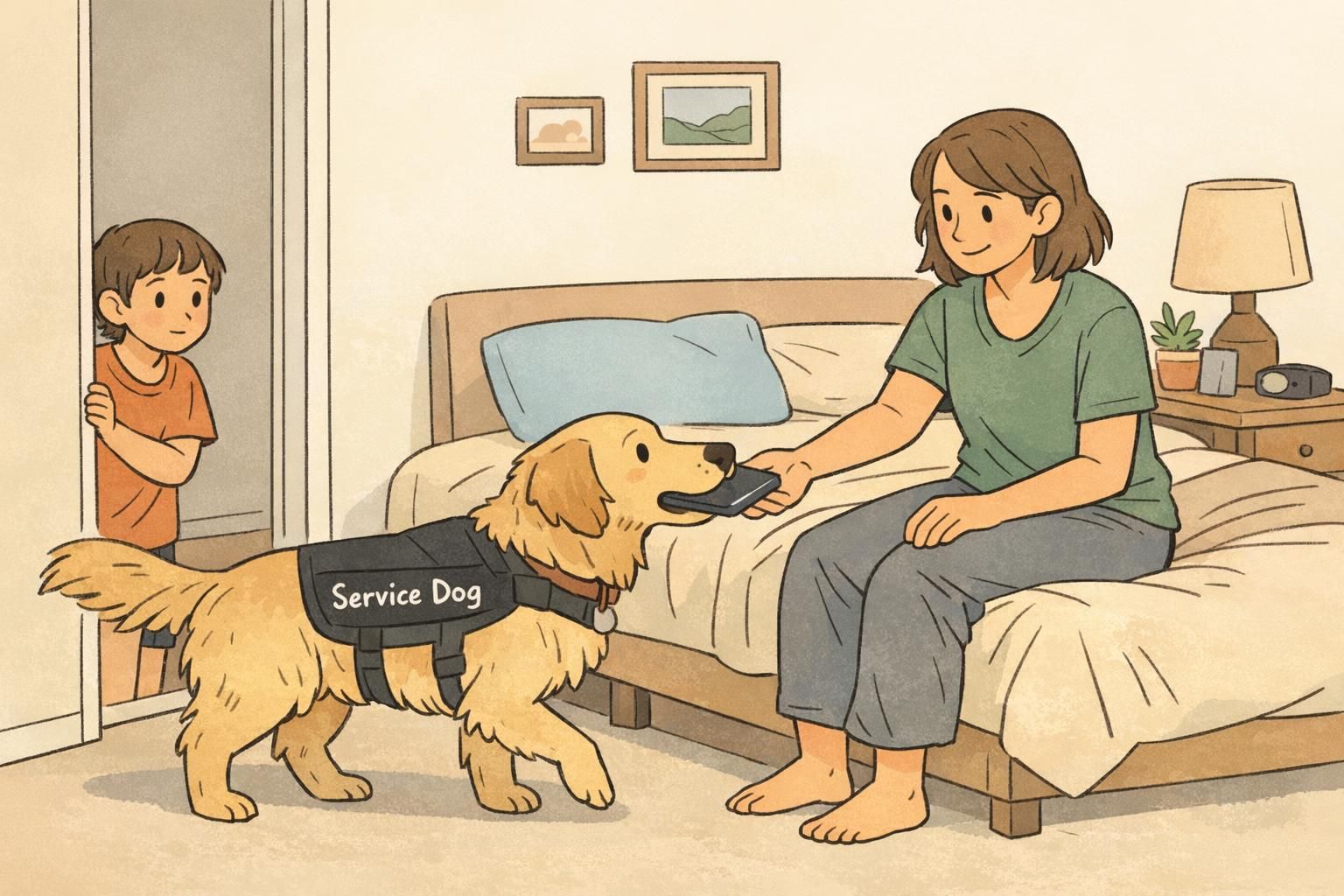 A service dog gently retrieves a dropped phone and brings it to a seated handler in a bedroom while a child watches from the doorway.
