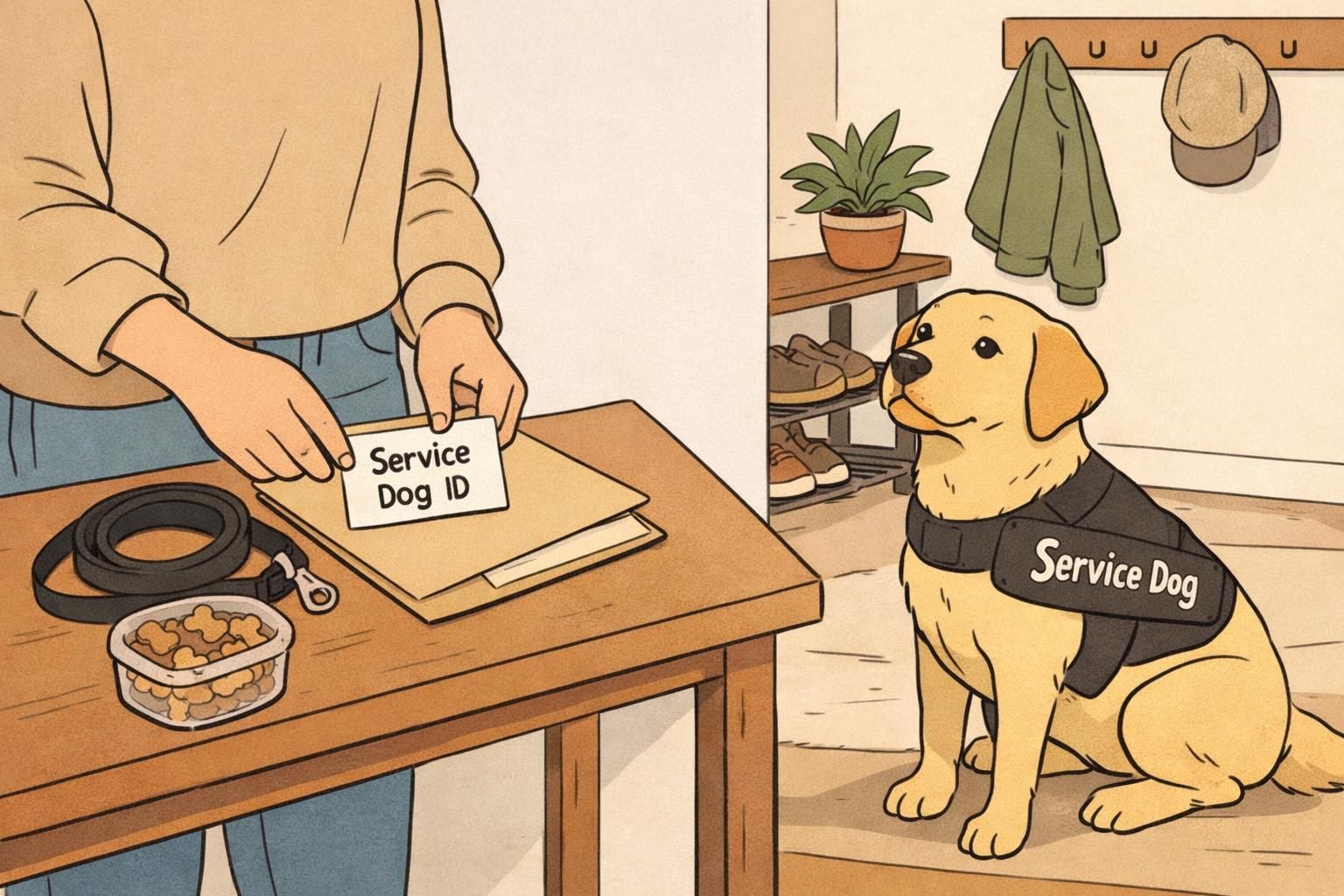 A tidy entryway scene with a leash, treats, and an ID card on a table while the service dog sits calmly nearby, ready for a trip or outing.