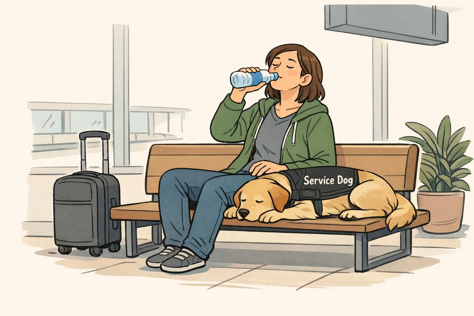 A handler and service dog take a quiet break on a transit-area bench with a small suitcase, pausing to decompress during travel to reduce overload.