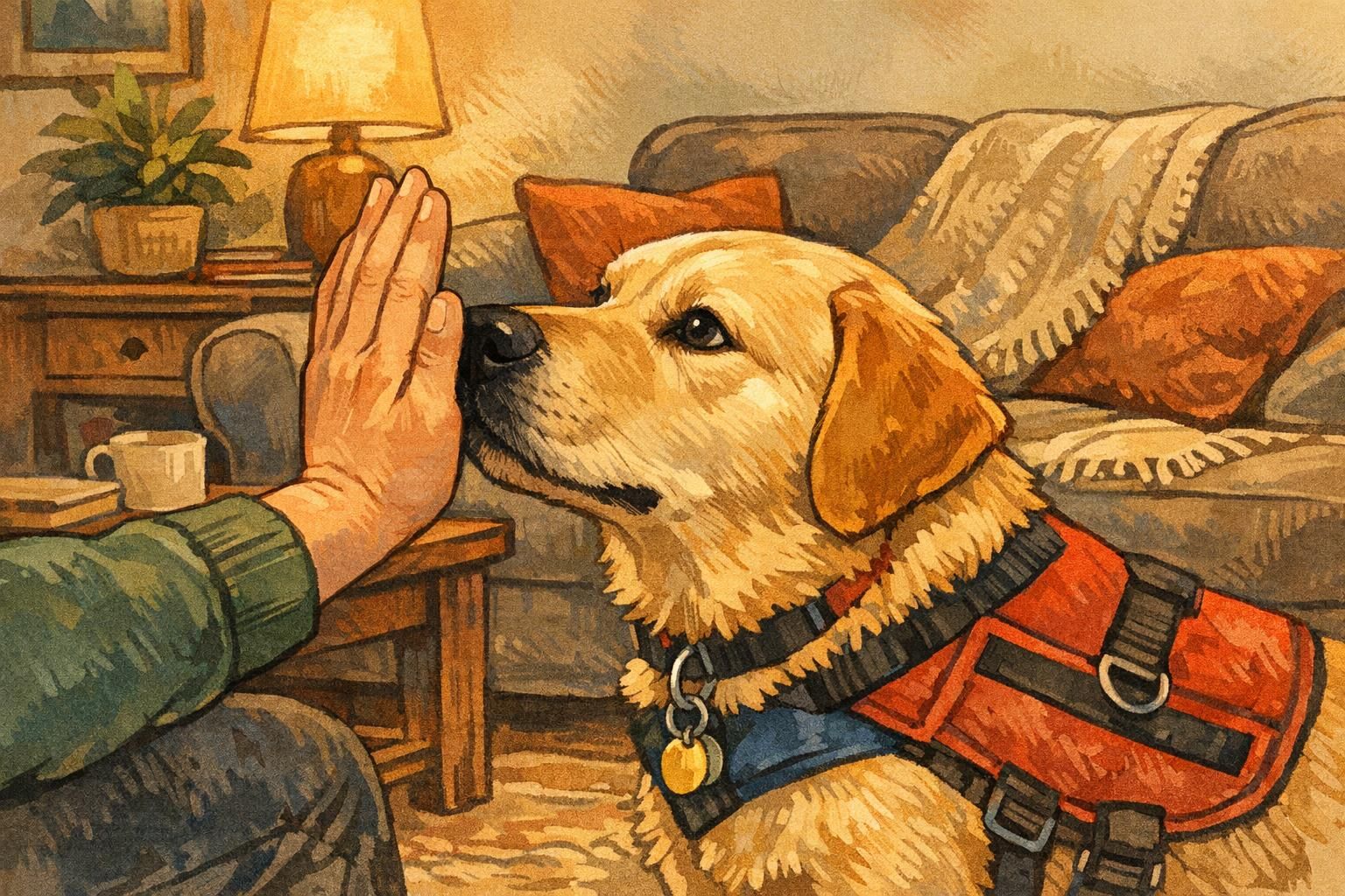 Close-up of a handler teaching a service dog to touch a hand target near a living room couch; the dog is focused and relaxed.