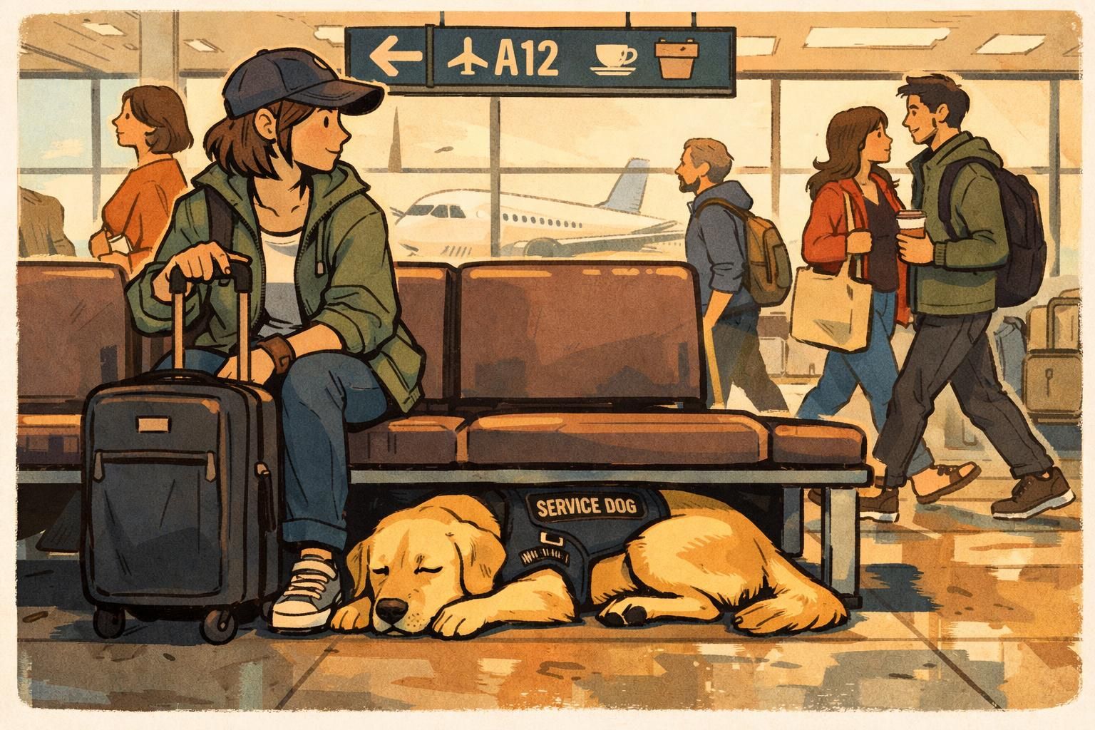 An airport terminal seating area where a service dog lies tucked under a bench in a compact down-stay while travelers walk by.