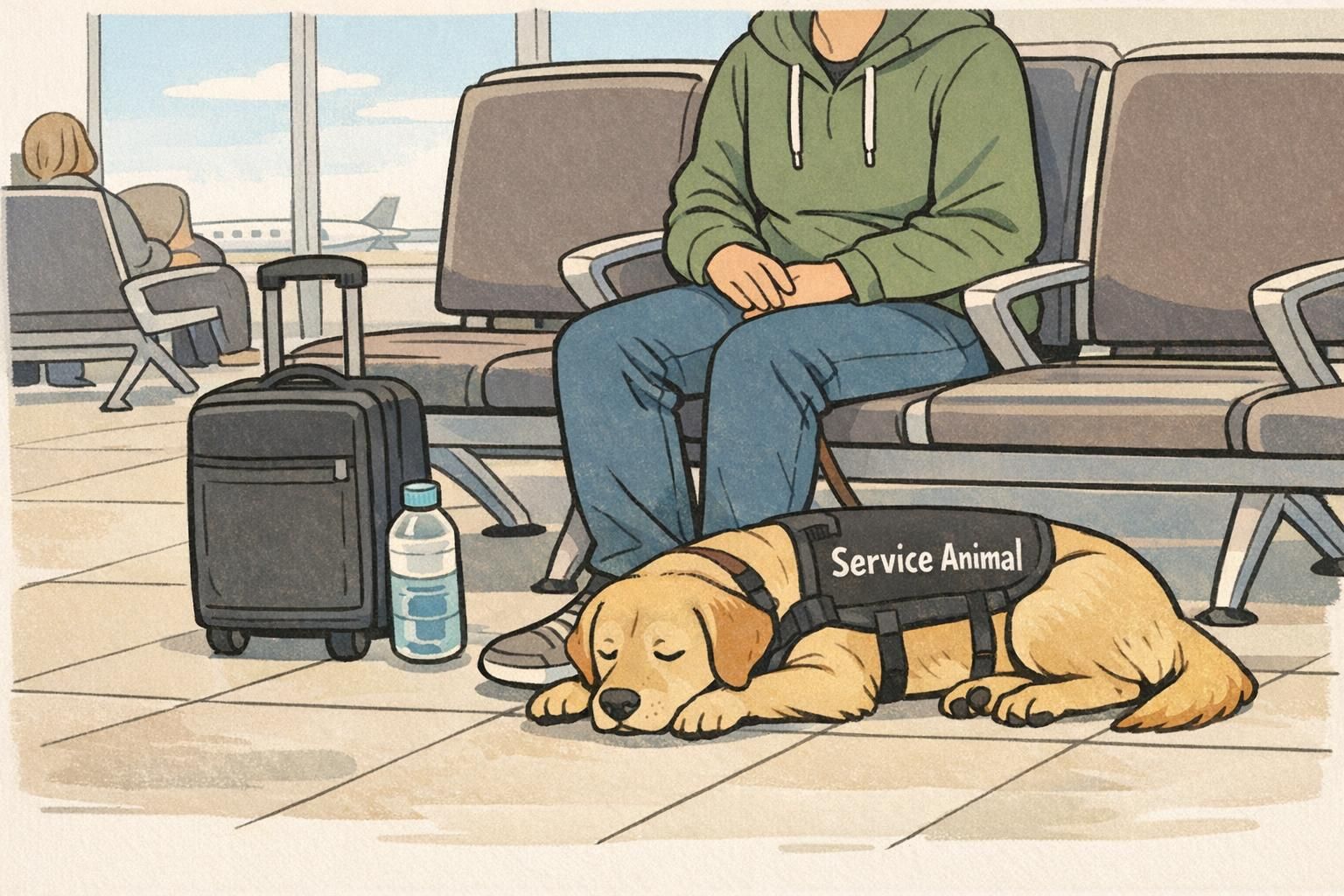 A handler calmly waiting in an airport seating area with a service dog lying at their feet and a small carry‑on nearby.